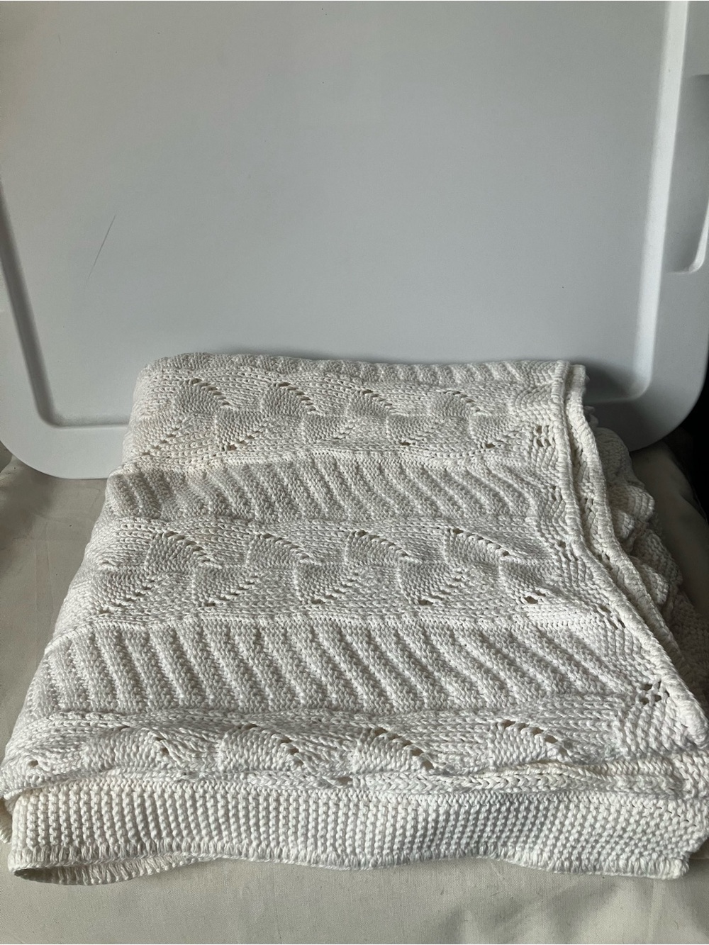 LL Bean White Cotton Knit Throw Blanket Appx 55x60 AS IS USED.